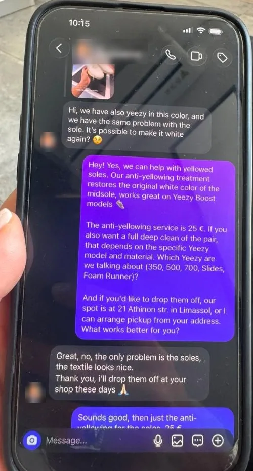 Instagram DM where Christine quotes a price for sole restoration and books the client in